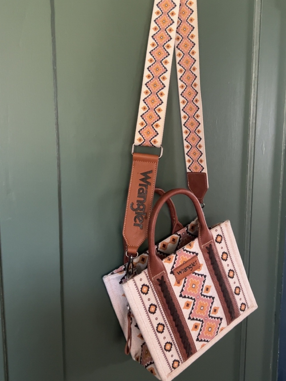 Wrangler Cream & Brown Geometric Embroidered Crossbody Tote